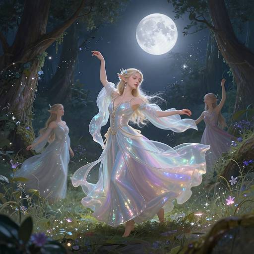 Digital fantasy artwork: ethereal fairy with glowing dress, crown, and iridescent fabric dances under full moon in enchanted forest, surrounded by sparkling lights