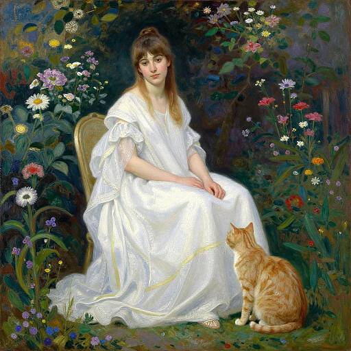 Painting of a fair-skinned woman with brown hair in a white dress, sitting in a vibrant floral garden, with an orange cat sitting beside her