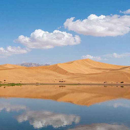 Photograph of a serene desert landscape with golden sand dunes, calm reflective water, scattered clouds, and a vibrant blue sky.