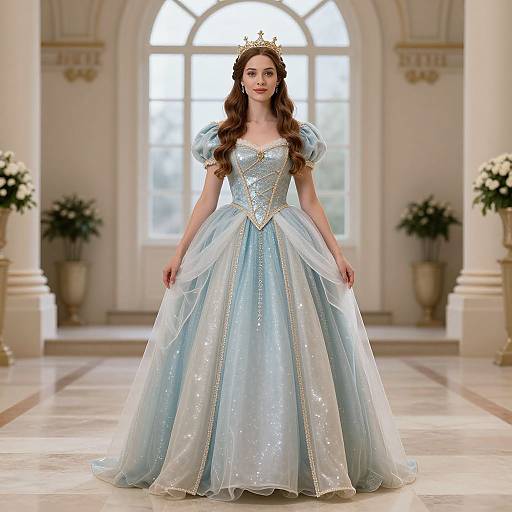 Photograph of a woman with long brown hair, wearing a sparkling blue fairy tale-style ball gown and gold tiara, standing in a grand, sun