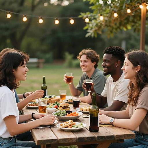 Friends enjoying outdoor picnic with food and drinks