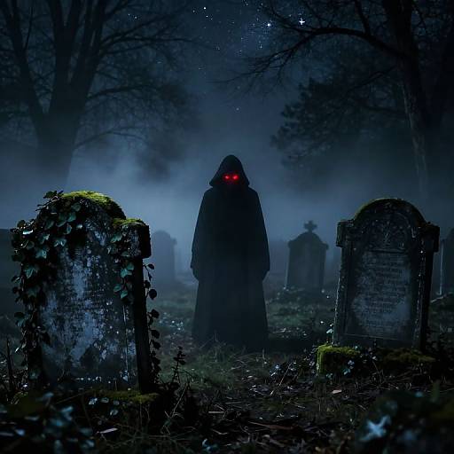 Mysterious figure with glowing red eyes stands in a dark, foggy graveyard at night, surrounded by moss-covered gravestones.
