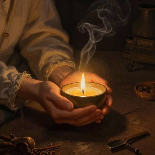Photograph of hands gently holding a lit candle, emitting soft, warm light. Smoky tendrils rise. Worn, beige sleeves, rustic wooden