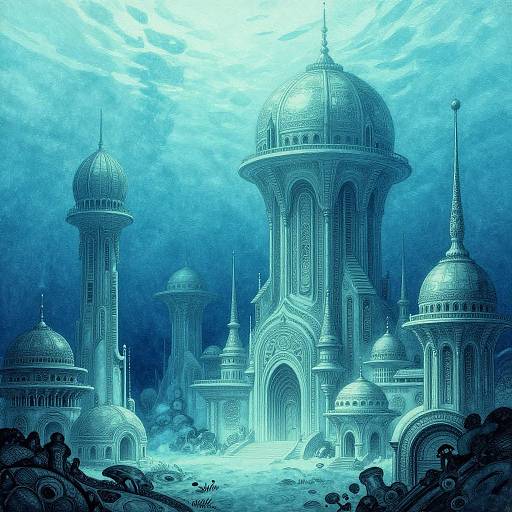 Digital illustration of a futuristic, blue-tinted cityscape with intricate domed buildings, arched entrances, and a cloudy sky, set amidst rocky