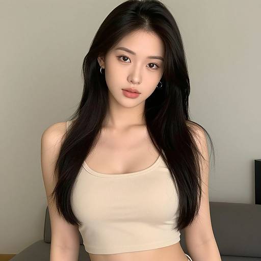 Photograph of an Asian woman with long black hair, fair skin, wearing a white crop top, standing in a minimalist room.