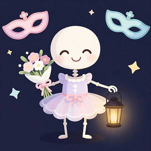 Whimsical Pastel Skeleton Ballerina with Lantern