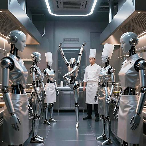 Photograph of a futuristic kitchen with a human chef surrounded by six metallic humanoid robots, all wearing white chef hats and aprons. Bright, modern lighting