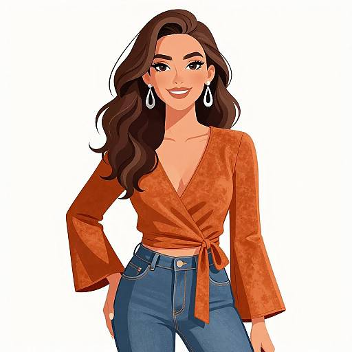 Digital illustration of a smiling woman with long brown hair, wearing an orange wrap top, blue jeans, and dangling earrings.