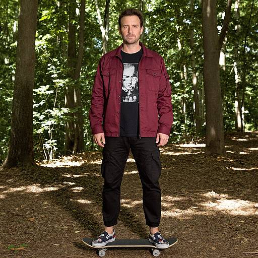 Photograph of a bearded man with short dark hair, wearing a red jacket, black graphic t-shirt, black pants, and black sneakers, standing