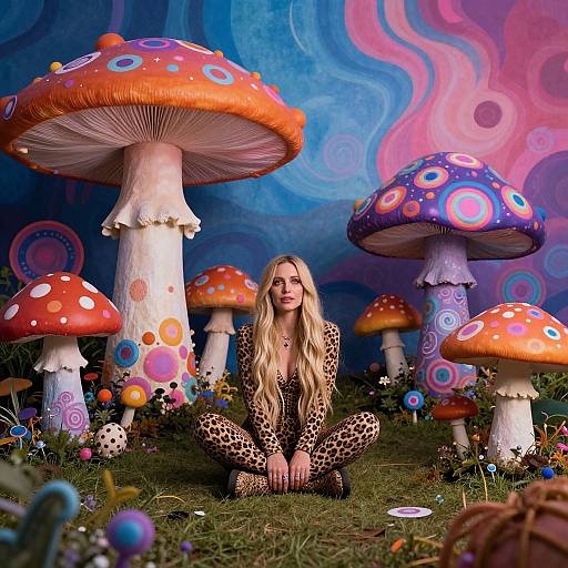 Photograph of a blonde woman in leopard print outfit, crouching among colorful, oversized mushrooms with psychedelic patterns, on a grassy background. Vibr