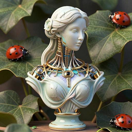 Photograph of an intricate white porcelain bust with gold accents and mechanical neck, surrounded by green leaves and red ladybugs.