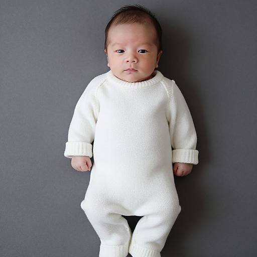 Photograph of an East Asian baby with dark hair, wearing a white, textured onesie, standing against a solid dark gray background.