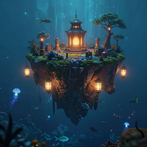 Digital fantasy art of a glowing, lantern-lit, floating island temple surrounded by underwater plants, jellyfish, and fish in a dark blue ocean.