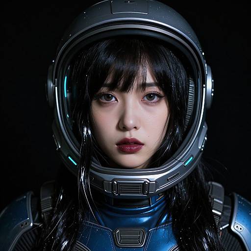 Photorealistic digital portrait of an Asian woman with pale skin and black hair, wearing a shiny silver spacesuit helmet, against a black background.