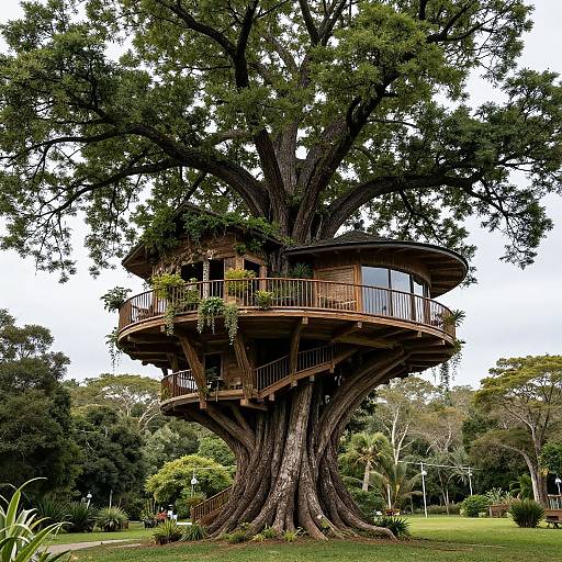Photograph of a wooden treehouse with a circular design, nestled high in a large, sprawling tree, surrounded by lush greenery.