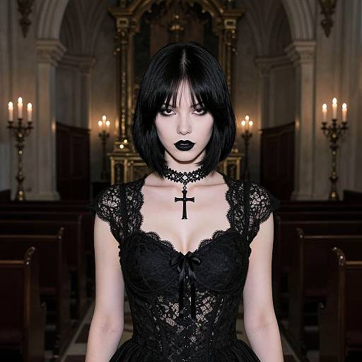 Gothic-style digital artwork of a pale-skinned woman with black bob haircut, black lace dress, black lipstick, and cross choker, standing