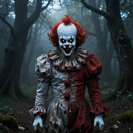 Digital artwork of a creepy clown with glowing yellow eyes, red hair, and blood-stained dress, standing in a dark, foggy forest.