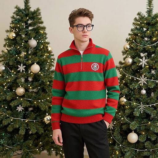 Photograph of a young man with short brown hair, black-framed glasses, wearing a red and green striped Christmas sweater, black pants, standing in