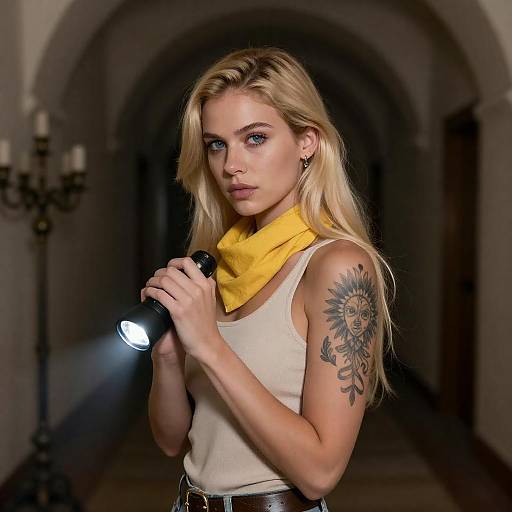 Mysterious Blonde in Dark Hallway