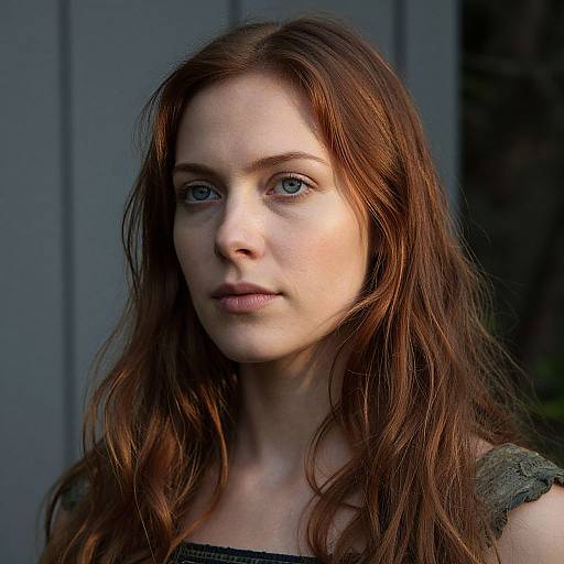 Photograph of a young woman with fair skin, long reddish-brown hair, blue eyes, and serious expression, wearing a dark gray top,