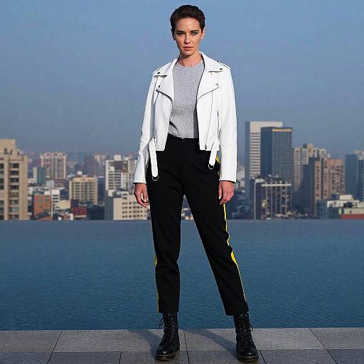 Photograph of a young woman with short dark hair, wearing a white jacket, gray sweater, black pants with yellow stripes, and black boots, standing