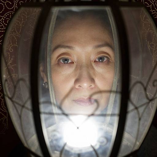 Photograph of a woman's face through a circular, ornate, glass frame with intricate patterns, illuminated by a bright white light.