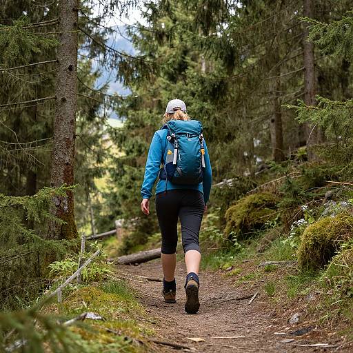 Photograph of a person with blonde hair, blue jacket, black shorts, and teal backpack hiking a forest trail, surrounded by tall trees and moss.