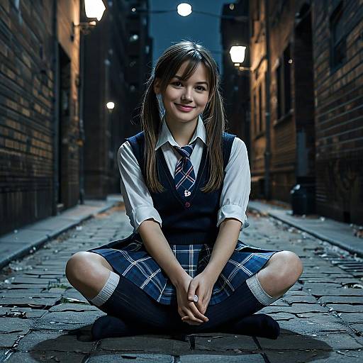 Photograph of a smiling Asian girl with straight brown hair, wearing a school uniform, sitting cross-legged on a dimly lit, cobblestone alley