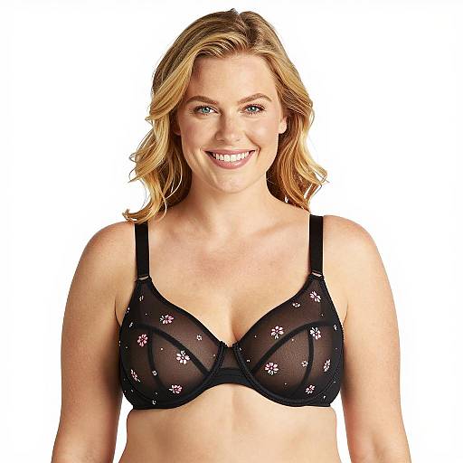 Blonde Woman Wearing Black Floral Bra