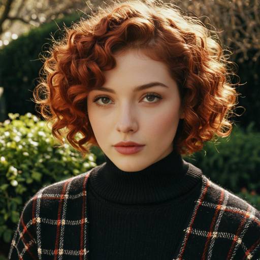 Young Woman with Curly Red Hair in Garden