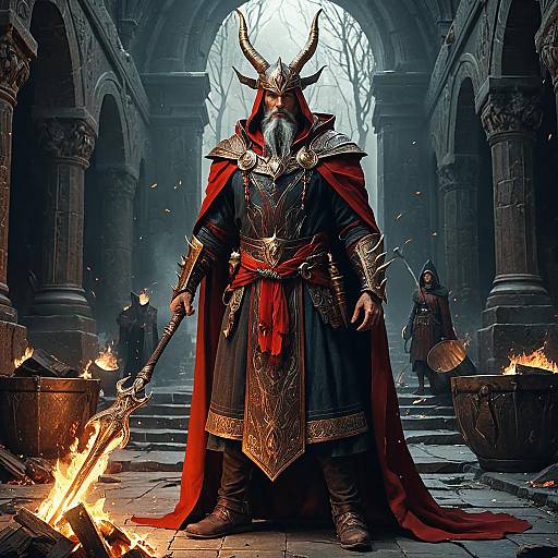 Ancient Fire Wizard in Red Cape with Bronze Horn Headdress