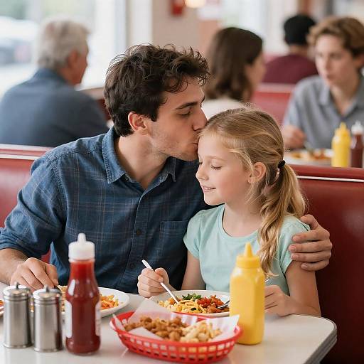 Father kissing daughter in diner booth