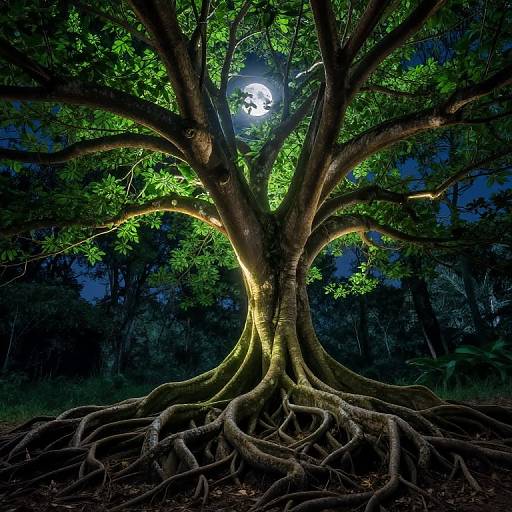 Majestic Glowing Tree Roots at Night