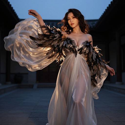 Photograph of a beautiful woman with dark hair in a sheer, flowing white dress adorned with black feather sleeves, standing in a dimly lit, sym