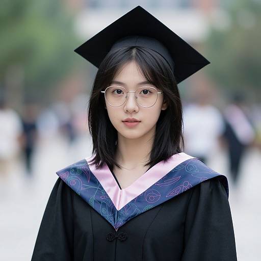Photograph of an Asian woman with straight black hair, wearing a black graduation cap, glasses, and gown with a blue patterned stole, standing outdoors