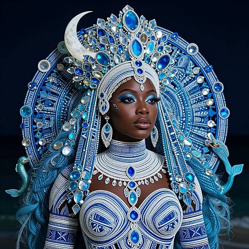 Photograph of a dark-skinned woman with an elaborate blue and silver headdress, adorned with jewels, wearing intricate blue and white beaded jewelry against