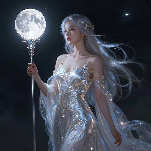 Digital artwork of a silver-haired, ethereal woman in a glowing, translucent dress holding a moon-topped staff against a starry night background.