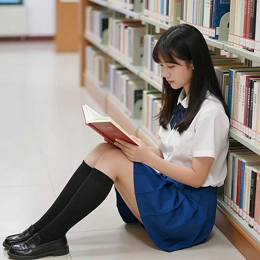 Serene Library Scene with Asian Woman