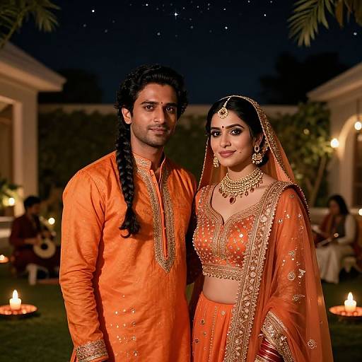 Festive Indian Couple in Tangerine Ghararas