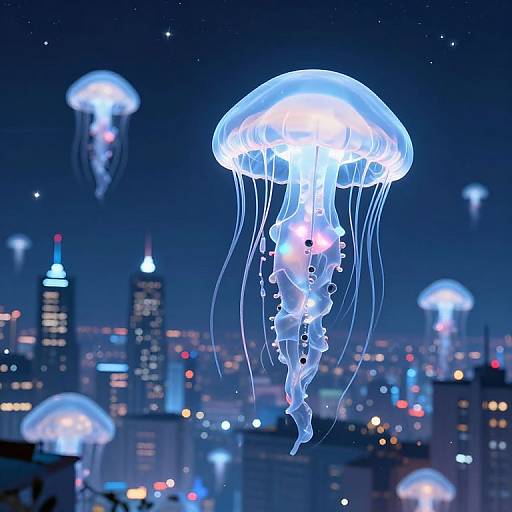 Photograph of glowing blue jellyfish floating above a cityscape with illuminated skyscrapers at night, creating a surreal underwater-meets-urban skyline effect