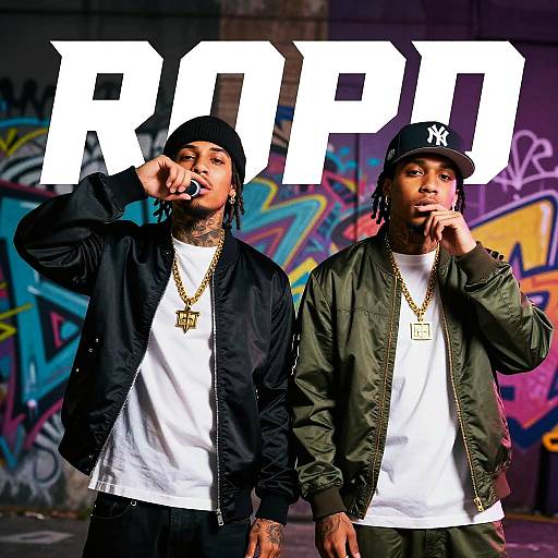 Photograph of two Black men rappers in white t-shirts, black jackets, and gold chains, standing against colorful graffiti wall, holding microphones,