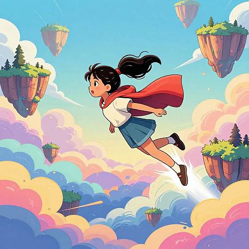 Anime-style digital illustration of a girl with black hair in a ponytail, red scarf, white shirt, and blue skirt, flying through a vibrant sky