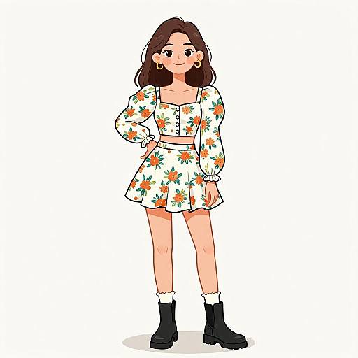 Digital illustration of a young woman with long brown hair, wearing a white floral dress, black boots, white socks, and hoop earrings, standing against a