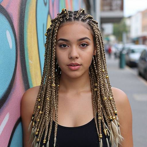 Photograph of a young Black woman with long, intricately braided hair adorned with gold beads, standing against a colorful graffiti wall in an urban street