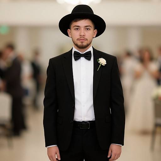 Photograph of a young man with light skin and dark hair, wearing a black bow tie, black suit, white dress shirt, black hat, and