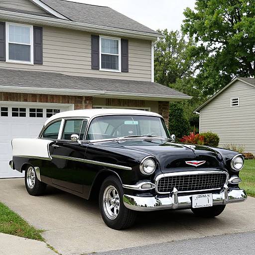 Photograph of a glossy black and white 1950s Chevrolet Bel Air parked in a suburban driveway, with a two-story house and greenery in