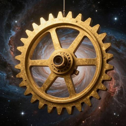 Digital artwork of a golden, industrial gear floating in space, with a swirling galaxy and stars in the background.