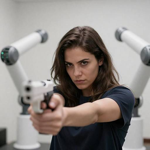 Intense Woman Aiming with Robotic Arms