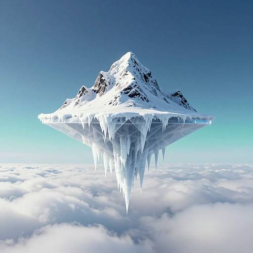 Photograph of a floating, snow-covered mountain with large icicles hanging beneath, surrounded by clouds and a clear blue sky.