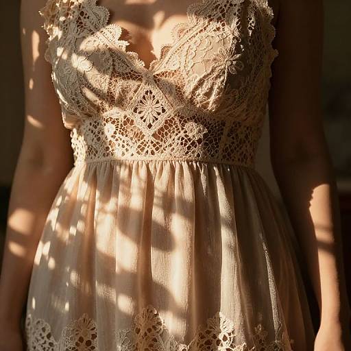 Photograph of a woman's torso in a sunlit, lace-trimmed, beige dress, casting intricate shadows from window blinds.